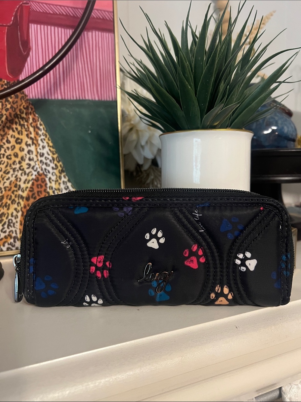 lug Black Wallet with Multicolor Paw Prints
